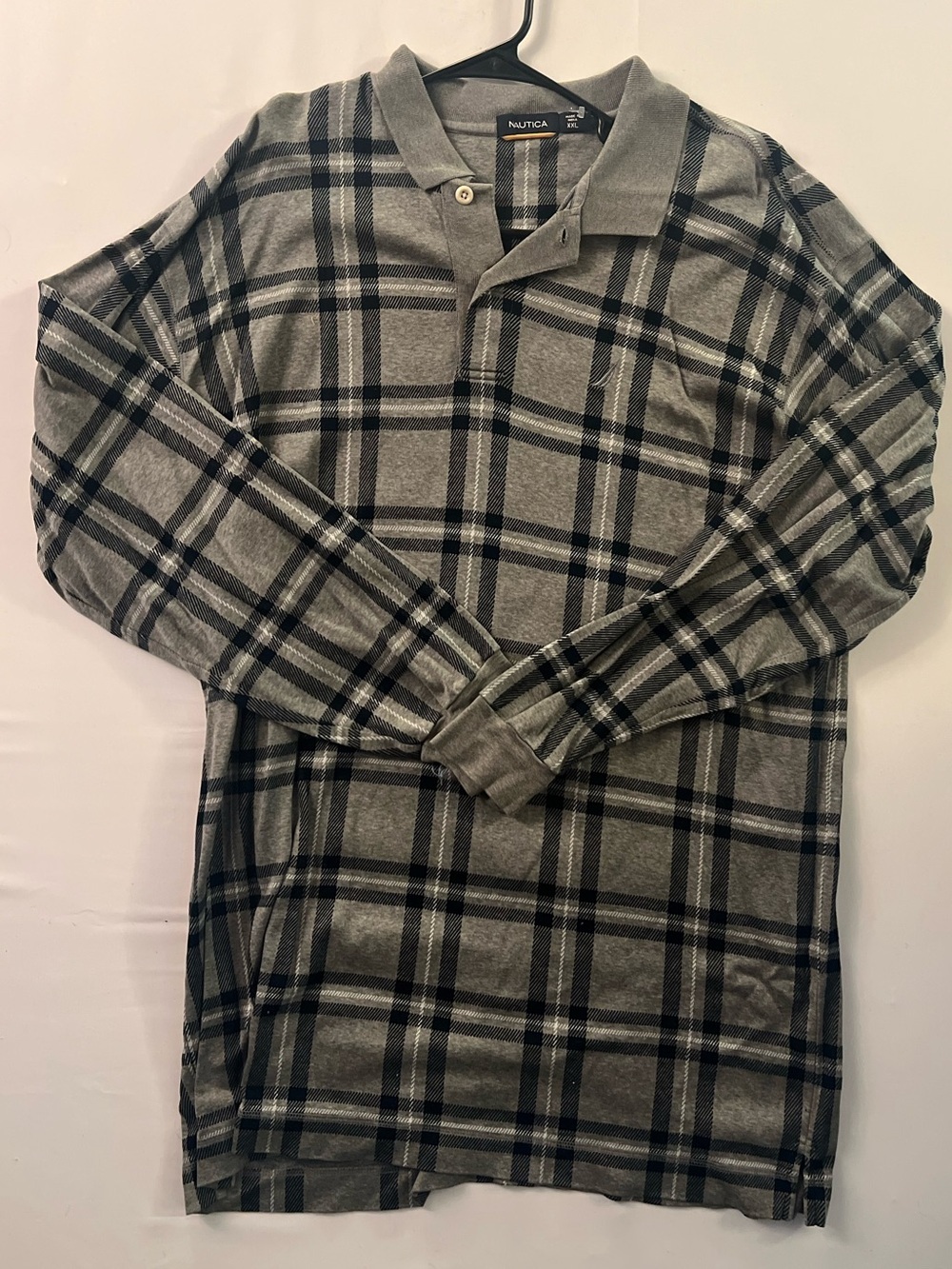Nautica Men's Gray and Black Plaid Long-Sleeve Polo